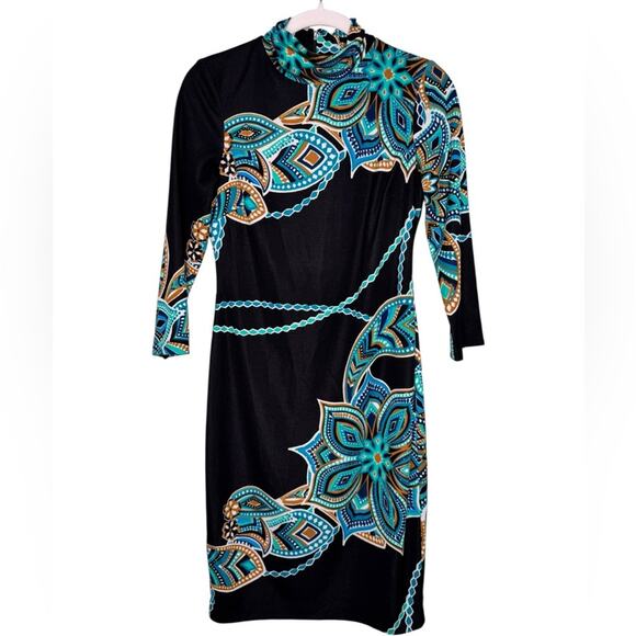 Cache Black & Teal Floral Chain Print Sheath Dress 3/4 Sleeve Size 2 - Picture 2 of 12
